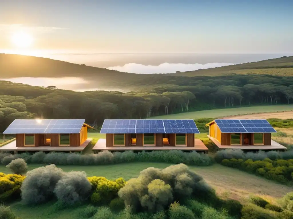 Camping ecológico en Uruguay: cabañas solares al atardecer Un refugio ecoamigable en Uruguay con paneles solares, paisaje verde y energías alternativas