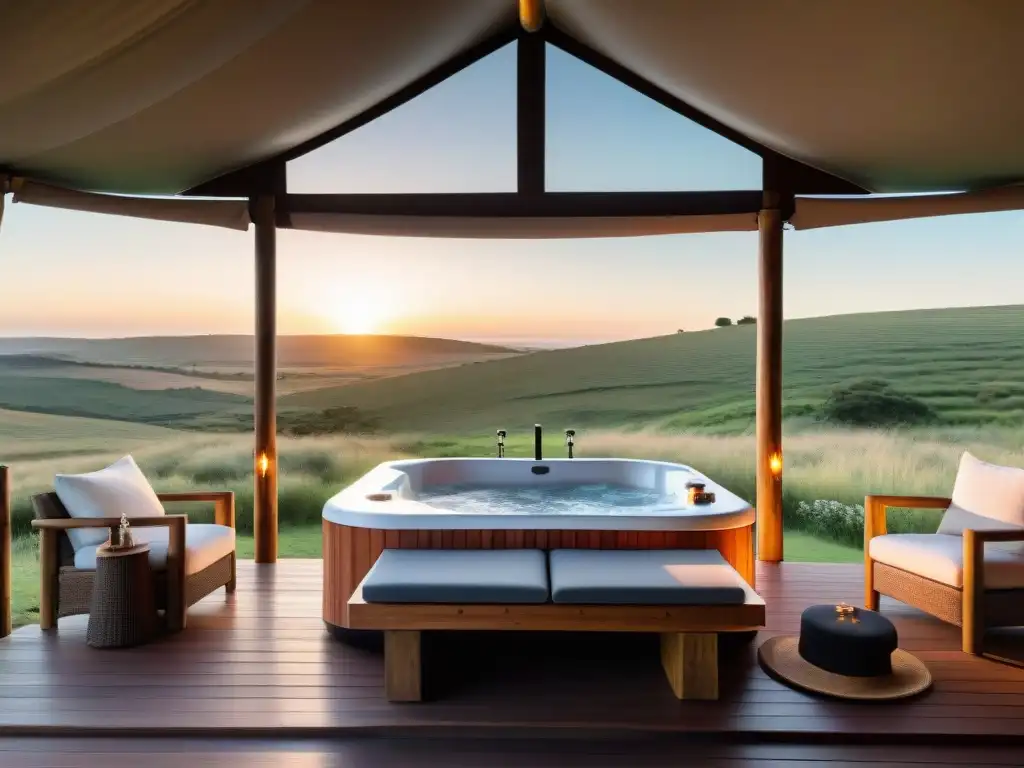 Tienda de glamping de lujo en Uruguay: cama king, jacuzzi y atardecer Un refugio de glamping de lujo en Uruguay con cama king, decoración elegante, jacuzzi y atardecer encantador