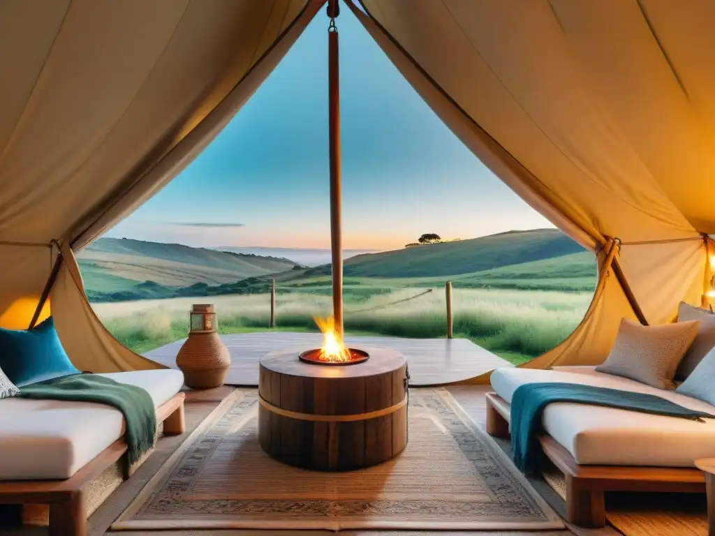 Exclusivo glamping en Uruguay: lujo y confort en la naturaleza Refugio de glamping lujoso en Uruguay: tienda elegante, cama acogedora, decoración sofisticada y vistas panorámicas