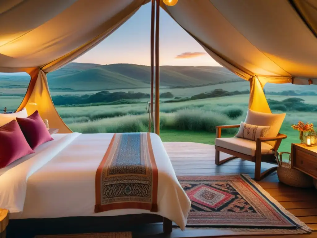 Glamping de lujo en Uruguay: romance y naturaleza Refugio de glamping para parejas en Uruguay: tienda lujosa con cama cómoda y romántica iluminación, terraza con vista al lago al atardecer
