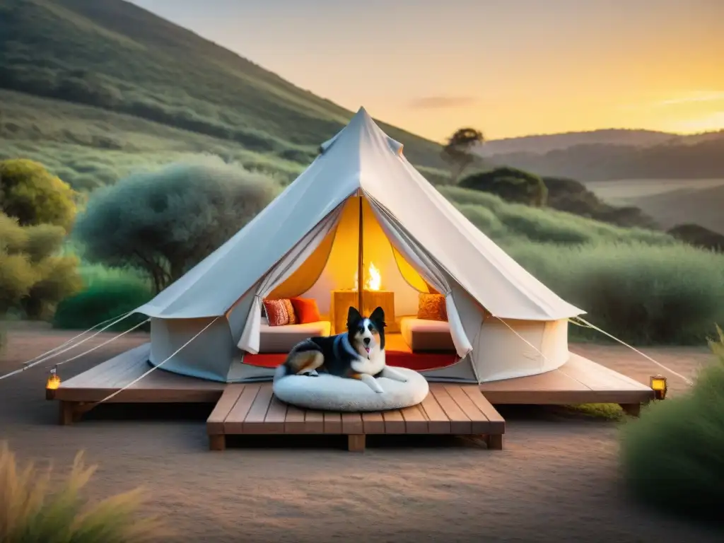 Glamping de lujo con perro: atardecer dorado en Uruguay Un refugio de glamping petfriendly en Uruguay con un perro relajado en una cama, bañado por la cálida luz del atardecer