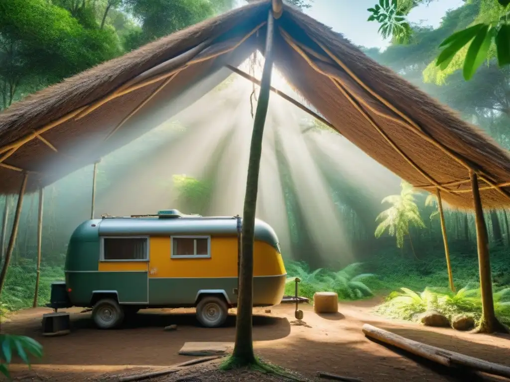 Construcción experta de refugio en bosque uruguayo Hábil camper construye refugio en bosque de Uruguay demostrando habilidades de supervivencia camping Uruguay