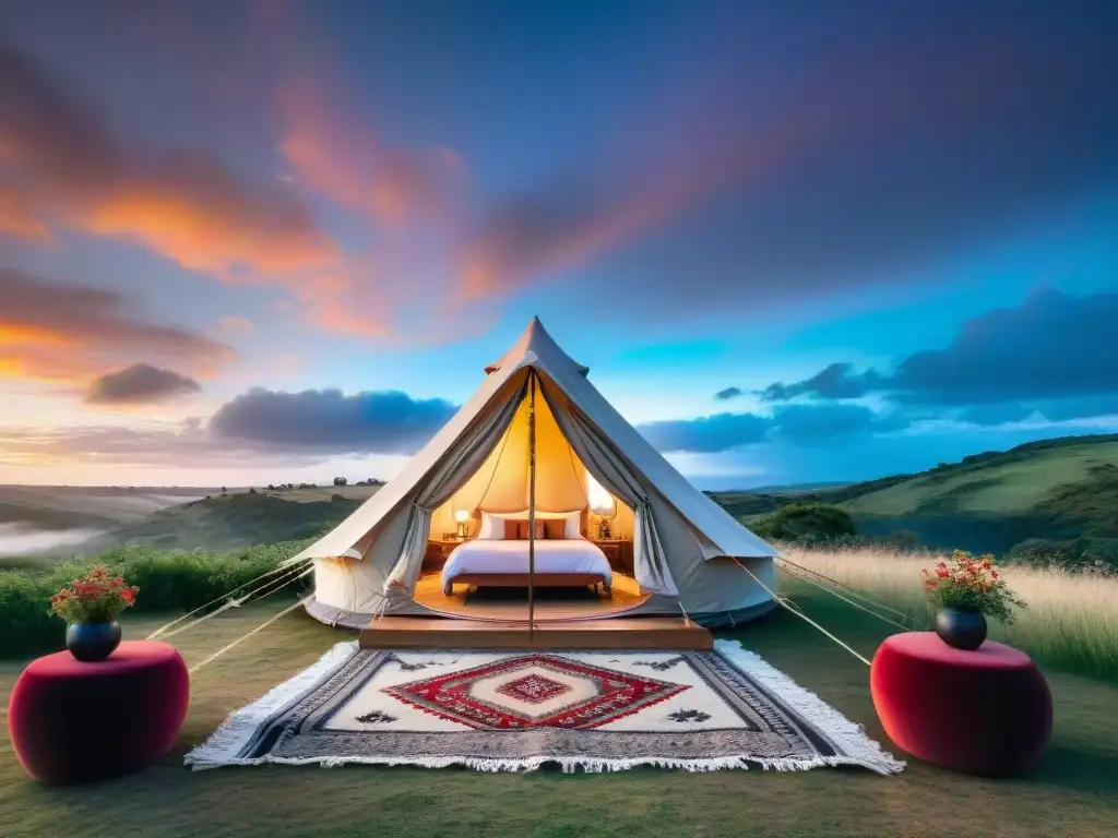 Tentación de lujo: Glamping en las colinas de Uruguay al atardecer Un refugio de lujo en las colinas de Uruguay en un atardecer colorido