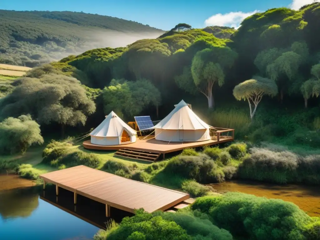 Glamping sostenible en Uruguay: lujo ecológico en armonía con la naturaleza Un refugio de lujo entre la naturaleza en Uruguay: tienda con paneles solares, estación de compostaje, yoga junto al lago y prácticas sostenibles Glamping Uruguay