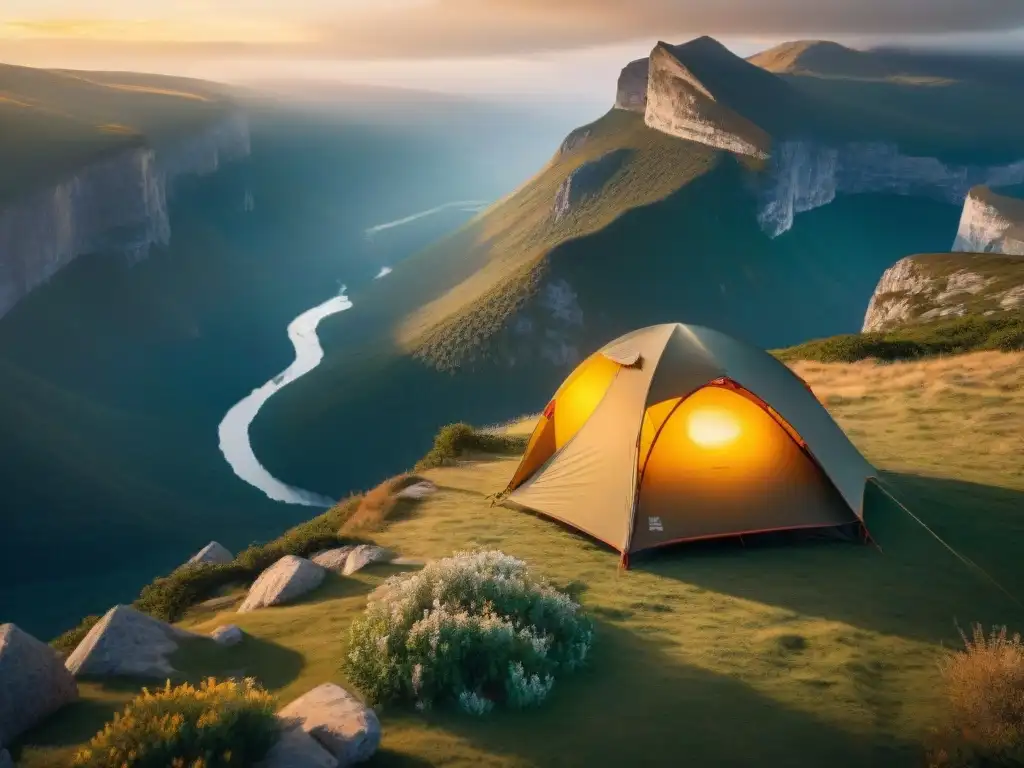Refugio solitario: tienda en acantilado al atardecer Un refugio solitario en el borde de un acantilado al atardecer, iluminado desde dentro, con la palabra clave 'Consejos para acampar en solitario'