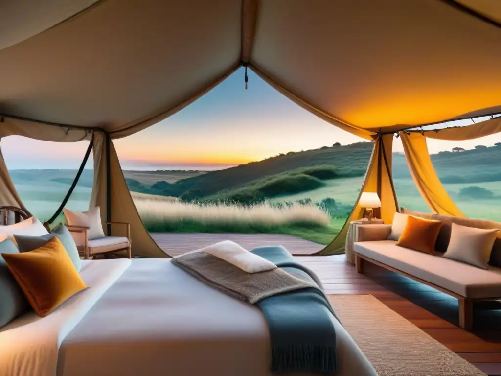 Exclusivo glamping en Uruguay: atardecer entre llamas Reserva anticipada de glamping en Uruguay: atardecer cálido sobre lujosa tienda en colinas, llamas pastando