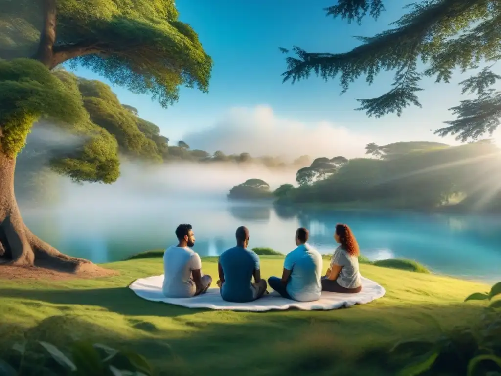 Conversación profunda en círculo: retiro de bienestar en Uruguay Retiro de desconexión digital en Uruguay: personas diversas conversando en círculo en un prado verde con árboles altos y lago sereno al fondo