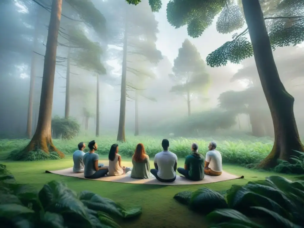 Retiro de desconexión digital en Uruguay: meditación en el bosque Retiro de desconexión en Uruguay: Grupo meditando en un bosque, guiados por instructora serena