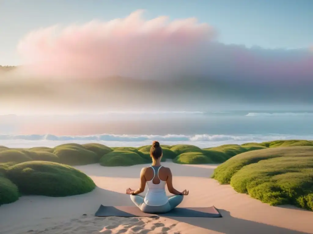 Yoga al amanecer en la playa de Uruguay: serenidad y conexión Retiro de desconexión en Uruguay: Practicante de yoga en playa al amanecer, rodeado de naturaleza y mar tranquilo