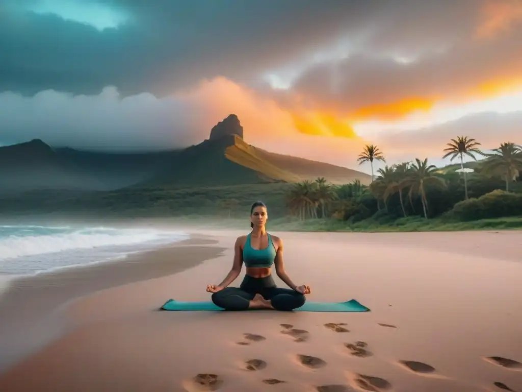 Retiro digital en Uruguay: serenidad al atardecer Retiros de desconexión en Uruguay: Atardecer sereno en la costa con practicante de yoga en la playa y colores vibrantes