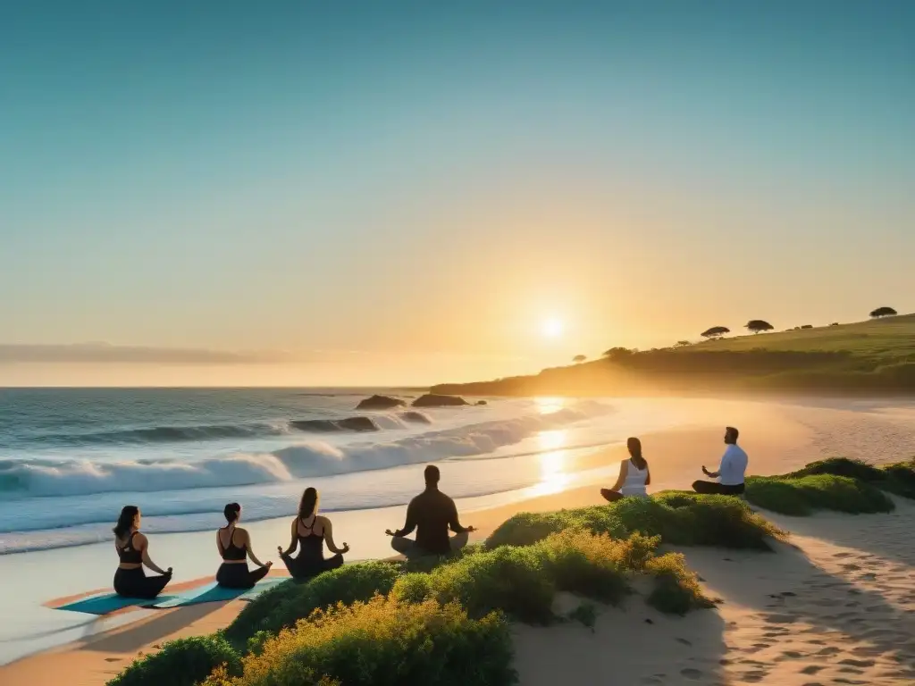 Retiro de desintoxicación digital en la playa al atardecer Retiros de desconexión digital en Uruguay: Atardecer sereno en la playa, personas practicando yoga y meditando
