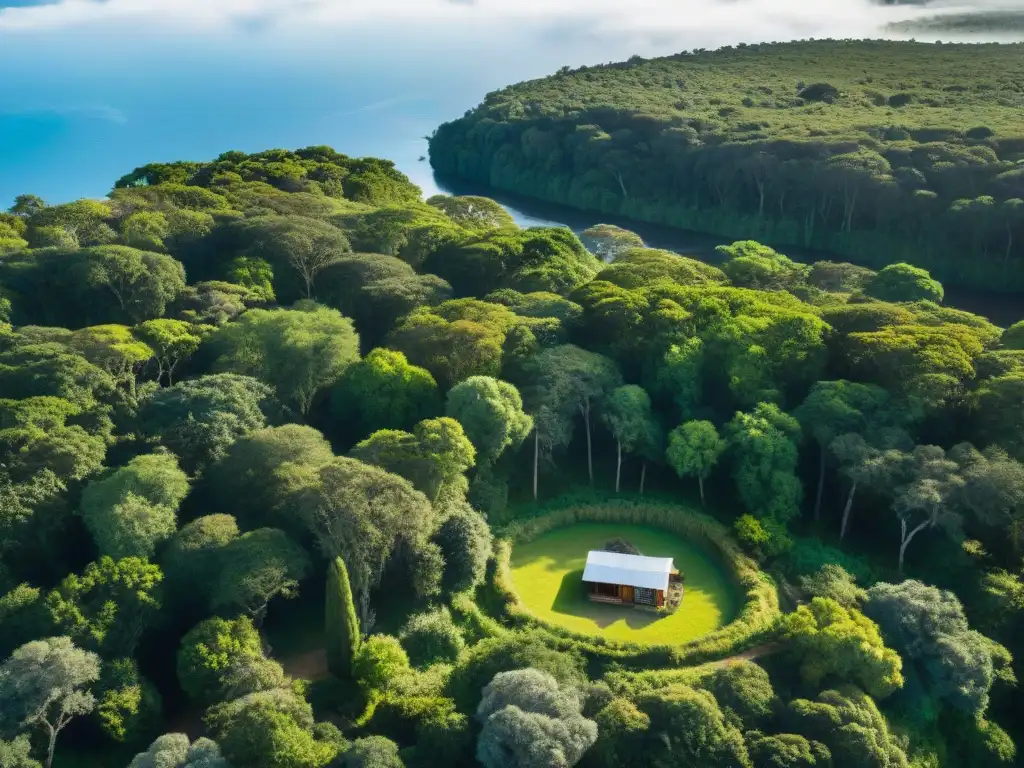 Encantadora selva verde en Uruguay: río sereno y cabaña acogedora Retiros de desconexión en Uruguay: Bosque exuberante con río sereno y cabaña entre árboles
