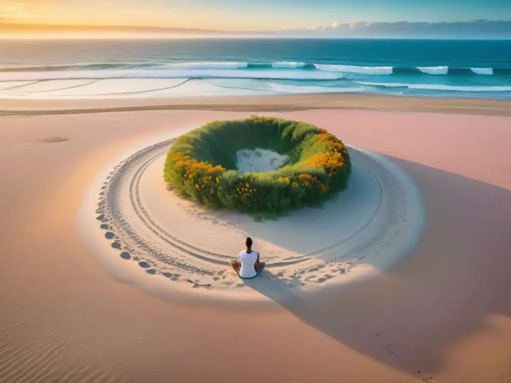 Meditación en la playa de Uruguay al atardecer Retiros de desconexión en Uruguay: Grupo meditando en playa serena al atardecer