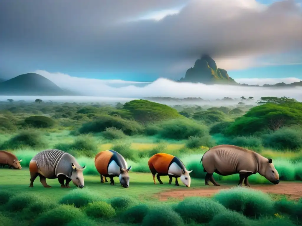 Armonía animal en campamento uruguayo Un retrato detallado de la biodiversidad uruguaya en un camping, resaltando la convivencia armoniosa entre humanos y animales