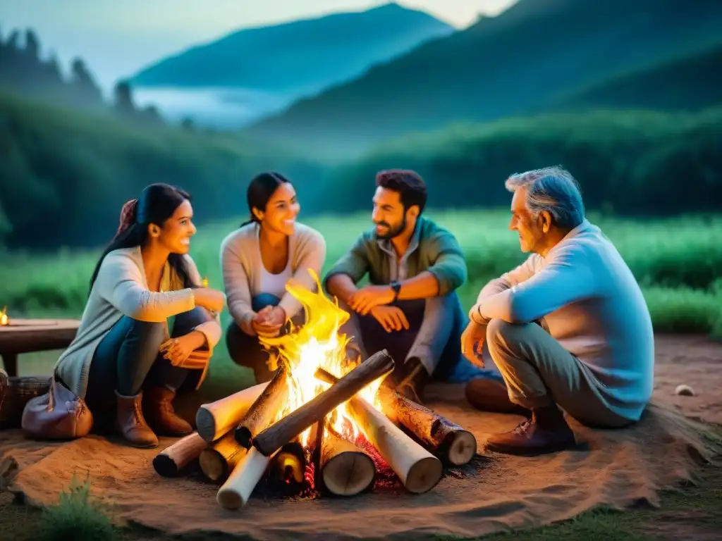 Reunión familiar alrededor de la fogata en el bosque de Uruguay Reunión familiar en camping tradicional en Uruguay, asando malvaviscos alrededor de fogata al anochecer en el bosque estrellado