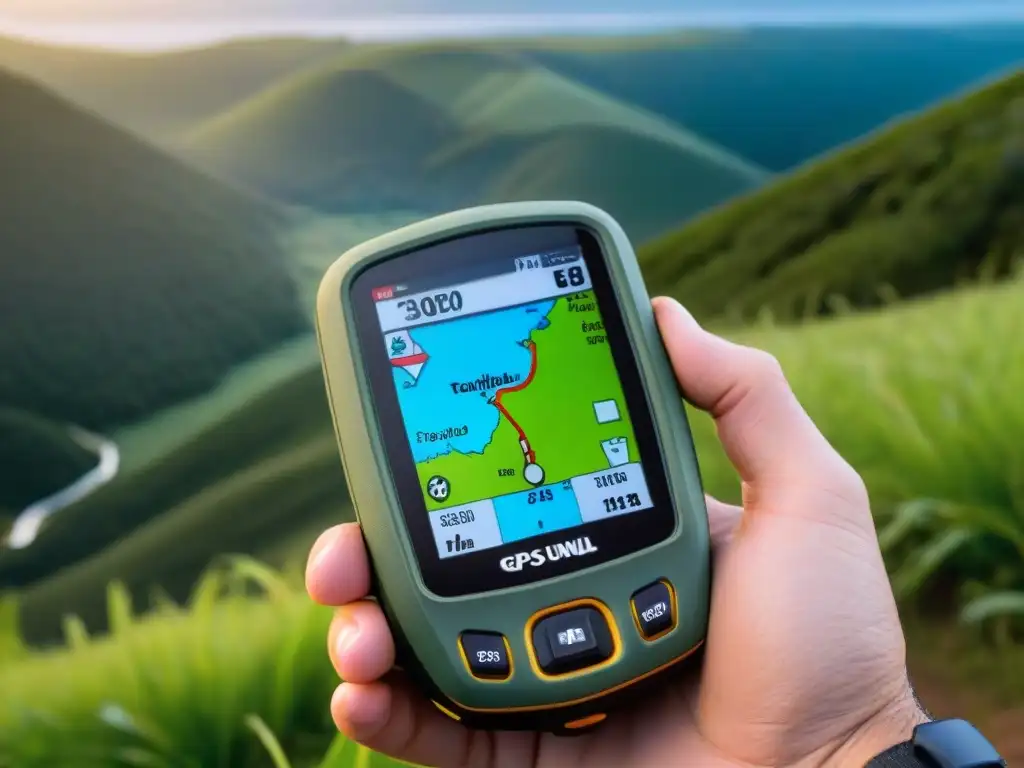 GPS resistente para camping en Uruguay Un robusto GPS para camping en Uruguay, con mapa topográfico detallado y señal satelital clara, en un entorno natural exuberante