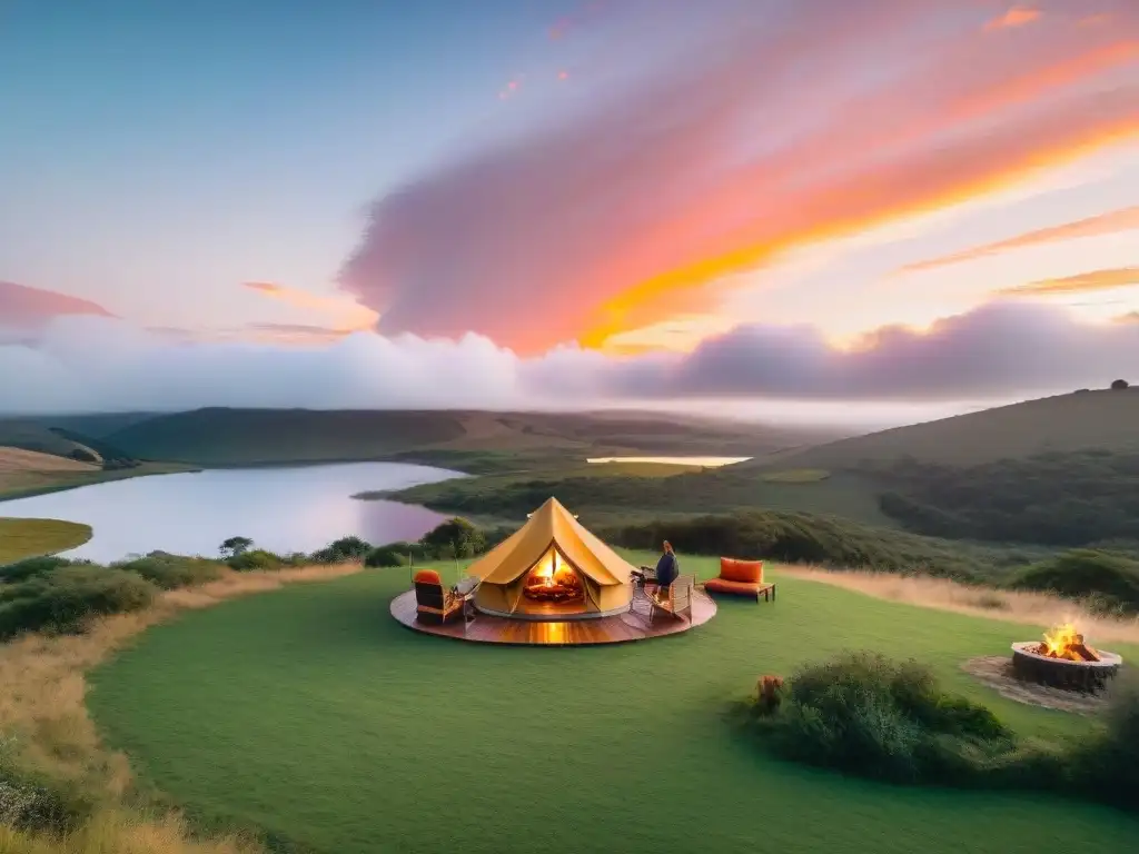 Espectacular atardecer en glamping de lujo en Uruguay Romántico atardecer en glamping para parejas en Uruguay con tienda de lujo bajo cielo naranja y rosa sobre paisaje verde exuberante