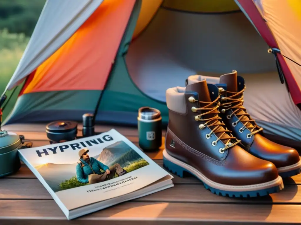 Outfit de camping de lujo en mesa rústica al atardecer Ropa de camping de lujo: Detalles exquisitos en atuendo y accesorios, iluminados por la cálida luz del atardecer