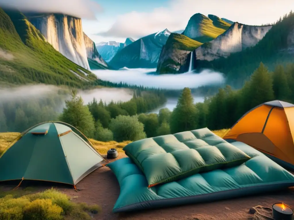 Equipo de camping de lujo en la naturaleza Ropa de camping de lujo dispuesta en la naturaleza salvaje, lista para una aventura glamorosa