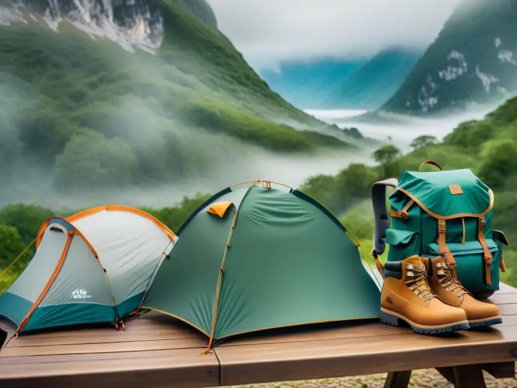 Outfit de camping de lujo en entorno natural premium Ropa de camping de lujo en mesa de madera con tienda y equipo al fondo, evocando elegancia y aventura en campamento sereno