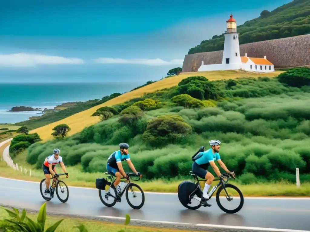 Exploración en bicicleta por la costa de Uruguay: historia y naturaleza Explorando rutas ciclísticas en Uruguay Patrimonio: ciclistas recorren costa con faros y edificios coloniales, rodeados de naturaleza y acantilados