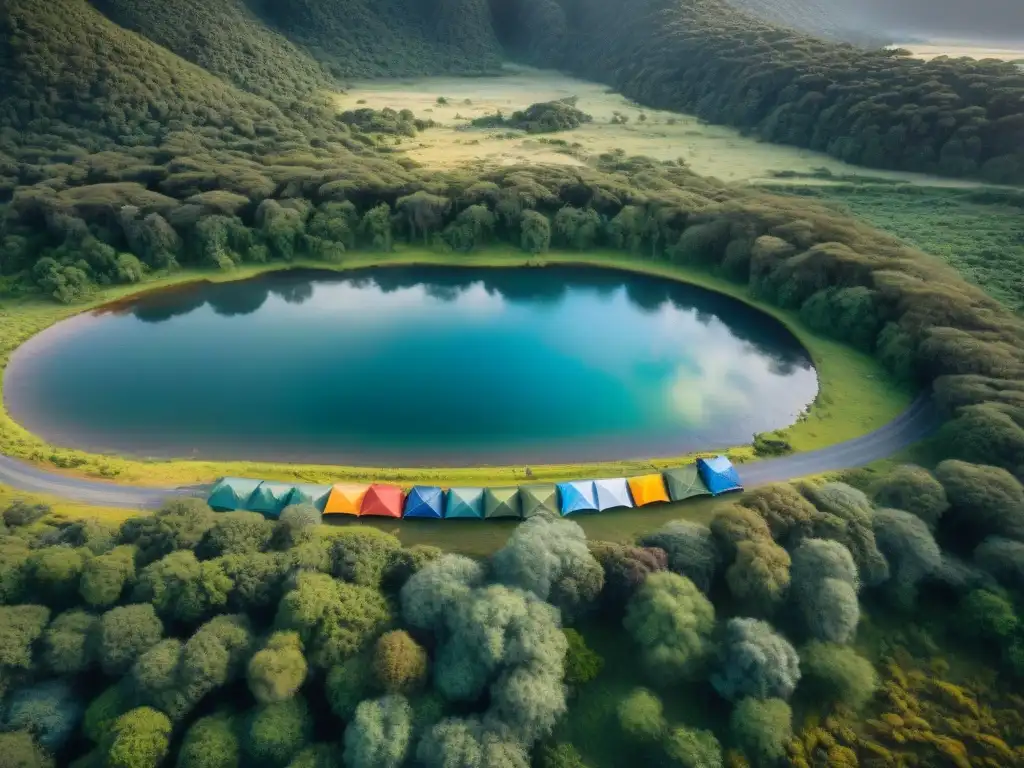 Campamento en el bosque de Uruguay: aventura natural en tiendas de colores Exploración segura camping Uruguay drones: Campamento en un bosque verde con tiendas de colores entre árboles altos y río serpenteante