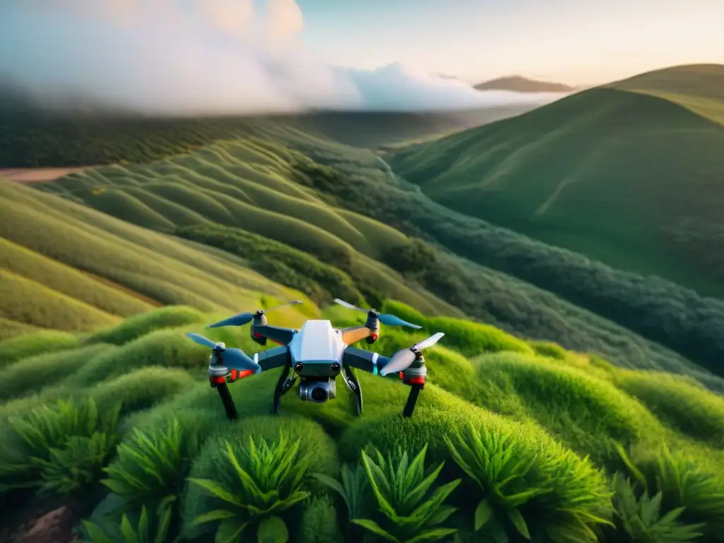 Exploración con drone en la naturaleza de Uruguay Exploración segura camping Uruguay drones: Campistas preparan dron para explorar la naturaleza agreste