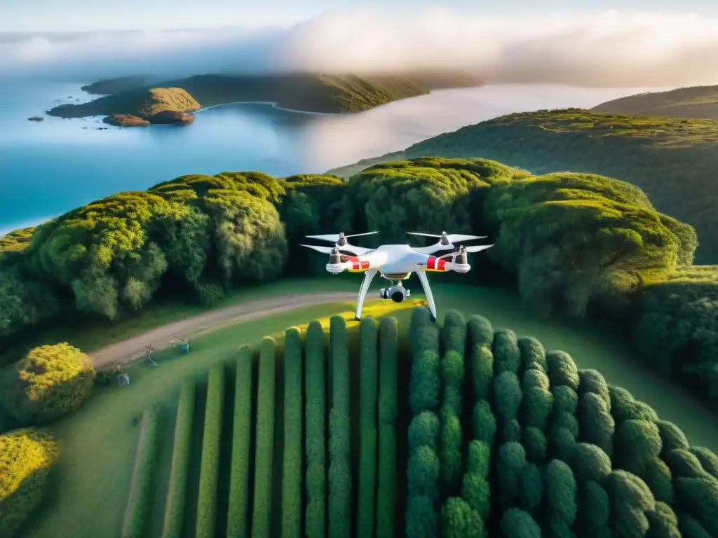 Exploración segura: drone en campamento en Uruguay Exploración segura camping Uruguay drones: Drone sobrevolando campamento en Uruguay, capturando la naturaleza exuberante y el lago sereno