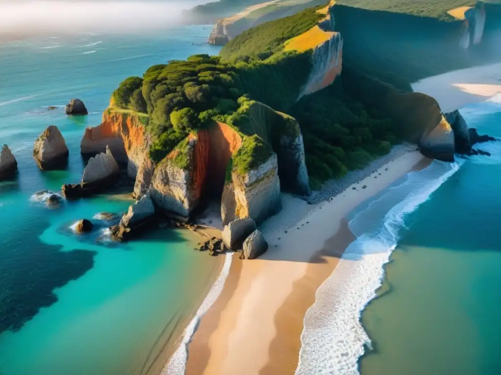 Acampando en soledad: atardecer en acantilados de Uruguay Exploración segura camping en Uruguay con drones: Acampando solo en la costa, rodeado de acantilados y aguas turquesas al atardecer