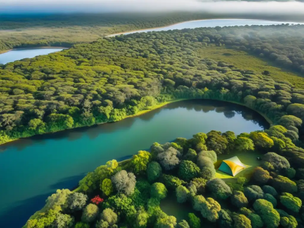 Campamento mágico junto al río en el bosque de Uruguay Un rincón seguro de acampada en Uruguay, rodeado de naturaleza exuberante y un río sereno