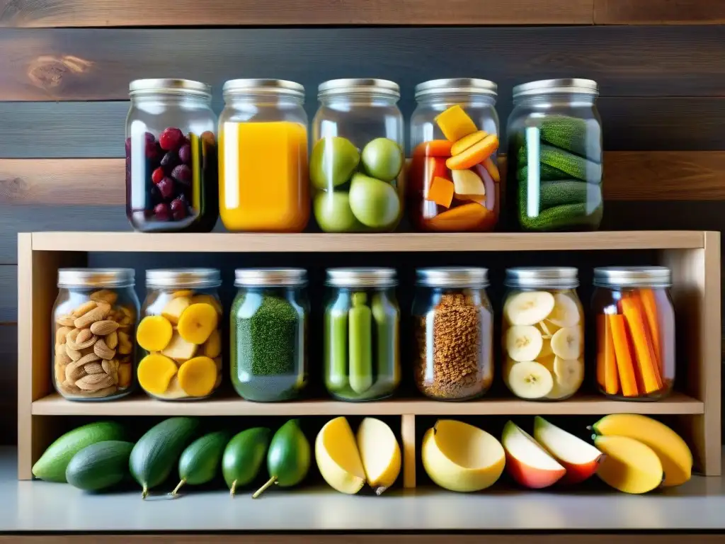 Deliciosas frutas y verduras deshidratadas en tarros de vidrio Una selección colorida de snacks deshidratados para niños en frascos de vidrio sobre fondo rústico, ideal para camping en Uruguay