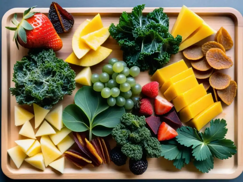 Selección tentadora de snacks deshidratados para aventuras al aire libre Una selección de snacks deshidratados coloridos y crujientes en tabla de madera, ideal para camping en Uruguay