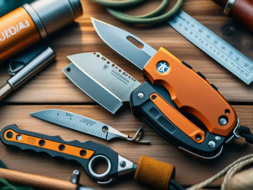 Selección de navajas multiusos para camping en Uruguay Una selección variada de las mejores navajas multiusos para camping en Uruguay, sobre una mesa rústica, con detalles como brújula y mapa