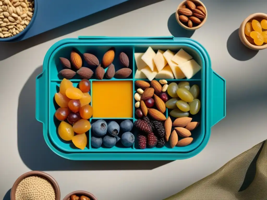 Deliciosos frutos secos y frutas deshidratadas en envase de camping Una selección vibrante de frutas y frutos secos en un recipiente de camping, resalta técnicas de deshidratación para camping
