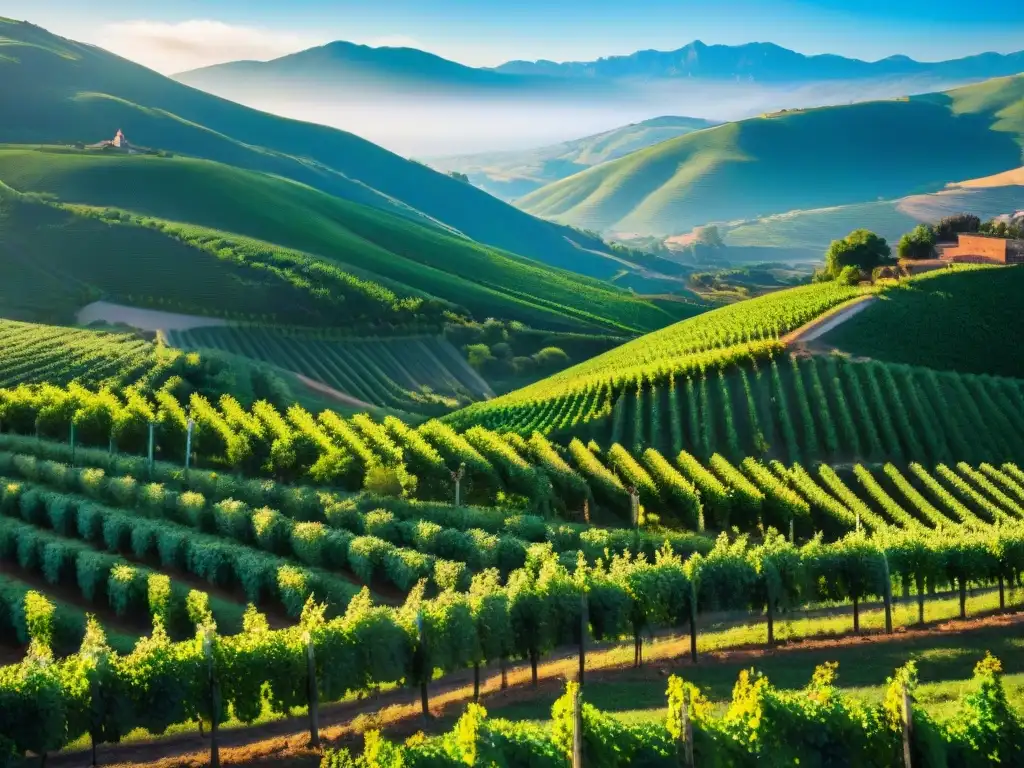 Explorando viñedos: senderismo entre barricas y paisajes verdes Senderismo en ruta del vino: Viñedos verdes, cielo azul, senderistas y barricas en un paisaje idílico