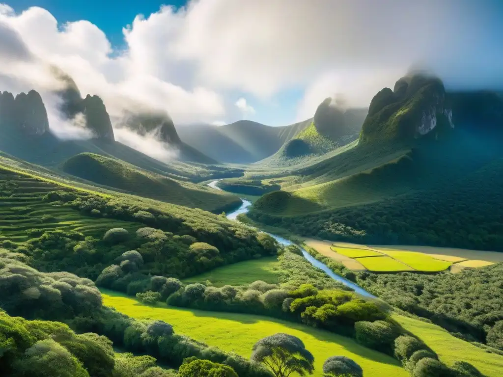 Valle de Lunarejo: Senderos verdes y montañas majestuosas Senderismo en Valle de Lunarejo: Senderos serpenteantes entre árboles altos, un arroyo cristalino, montañas imponentes y exploradores en la distancia
