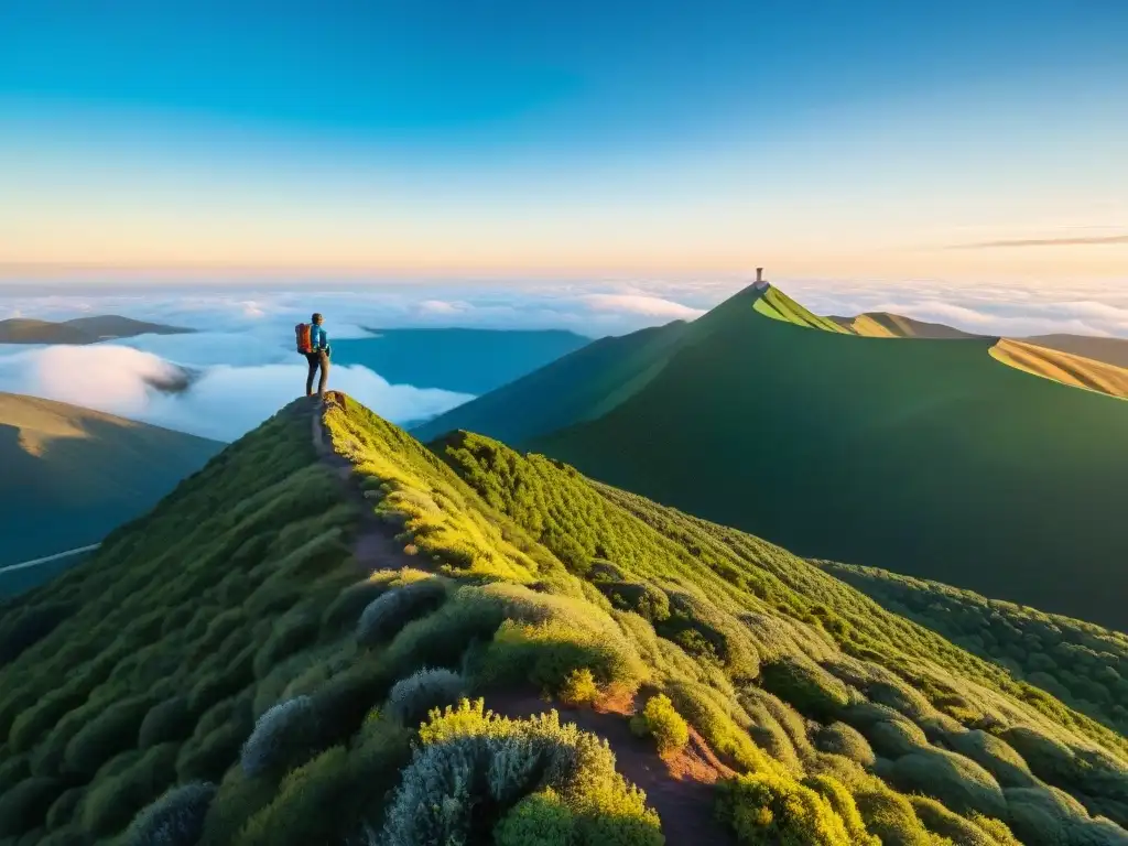 Explorador en Cerro Catedral: Naturaleza y tecnología en armonía Un senderista en la cumbre de Cerro Catedral en Uruguay, con su GPS y brújula, rodeado de naturaleza exuberante