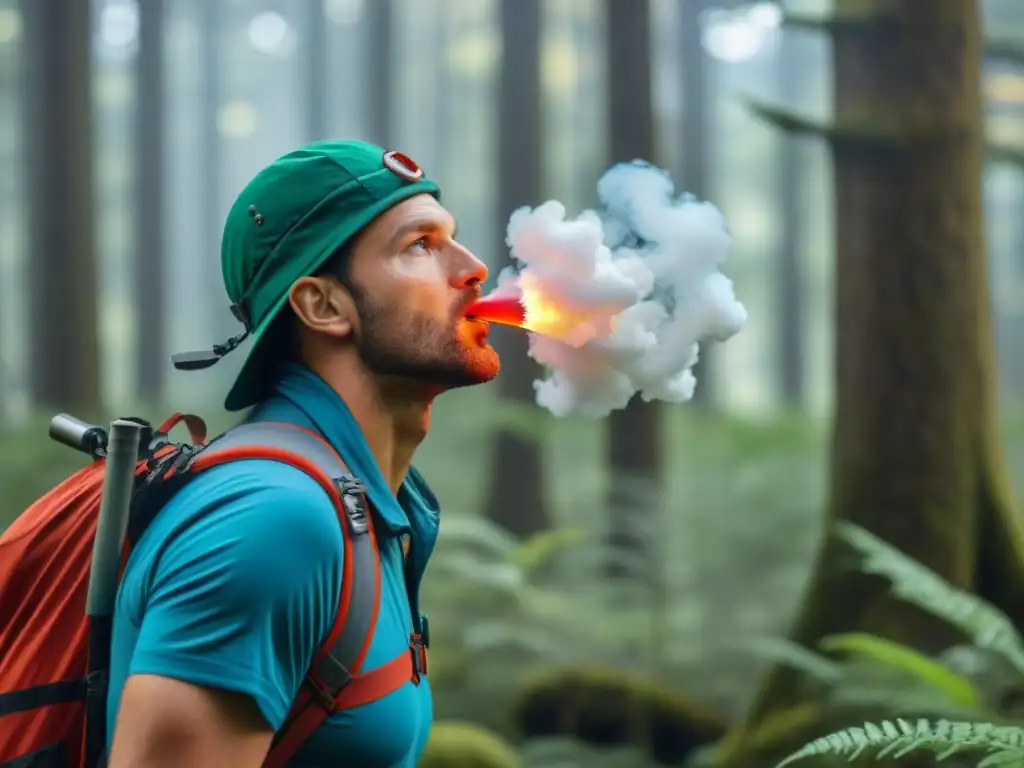 Senderista en apuros: silbato de emergencia rojo en bosque exuberante Un senderista usa un silbato de emergencia rojo brillante en un bosque verde exuberante