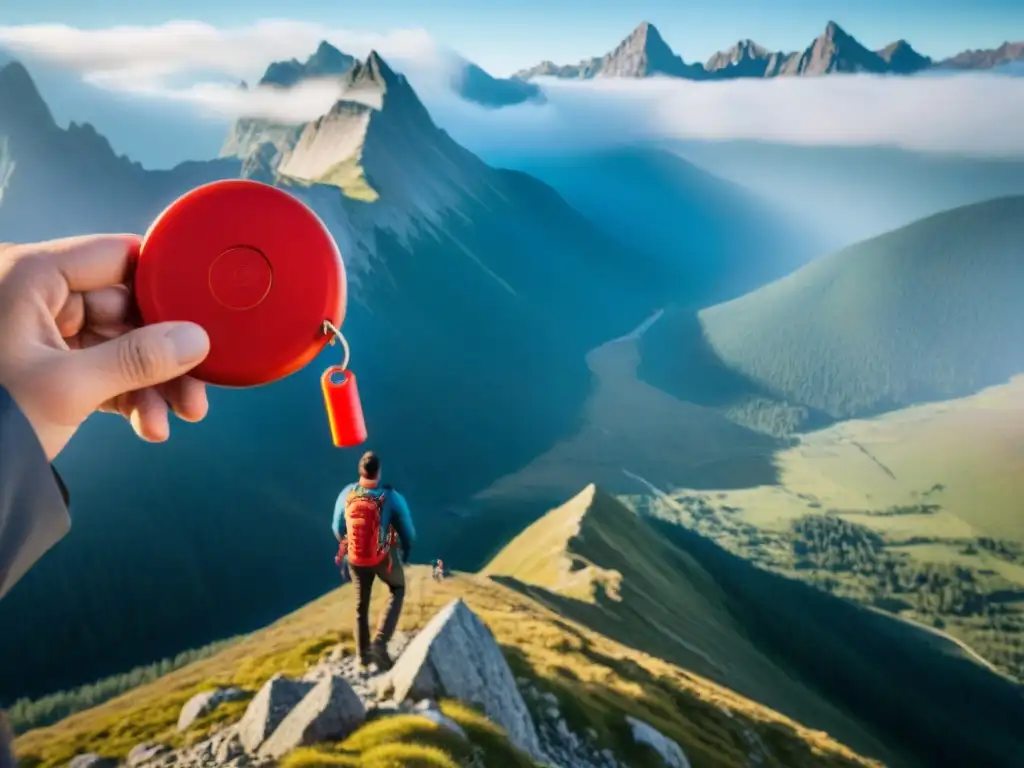 Emergencia en la montaña: hiker alcanza silbato rojo en paisaje imponente Senderistas en paisaje montañoso con silbatos de emergencia para camping