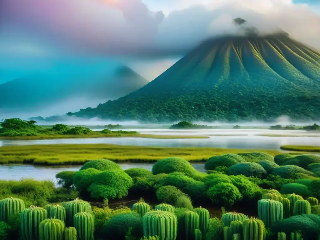 Ecosistema vibrante en Bañados del Este: diversidad de vida salvaje Un sendero acuático en Bañados del Este con diversa vida silvestre y exuberante vegetación en armonía