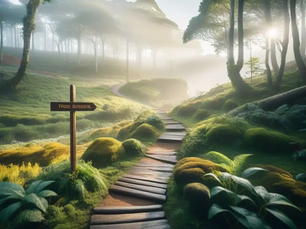 Sendero místico en Uruguay: Campamentos inspirados en novelas Un sendero mágico en Uruguay inspirado en novelas, con señalización de campamentos entre la exuberante vegetación