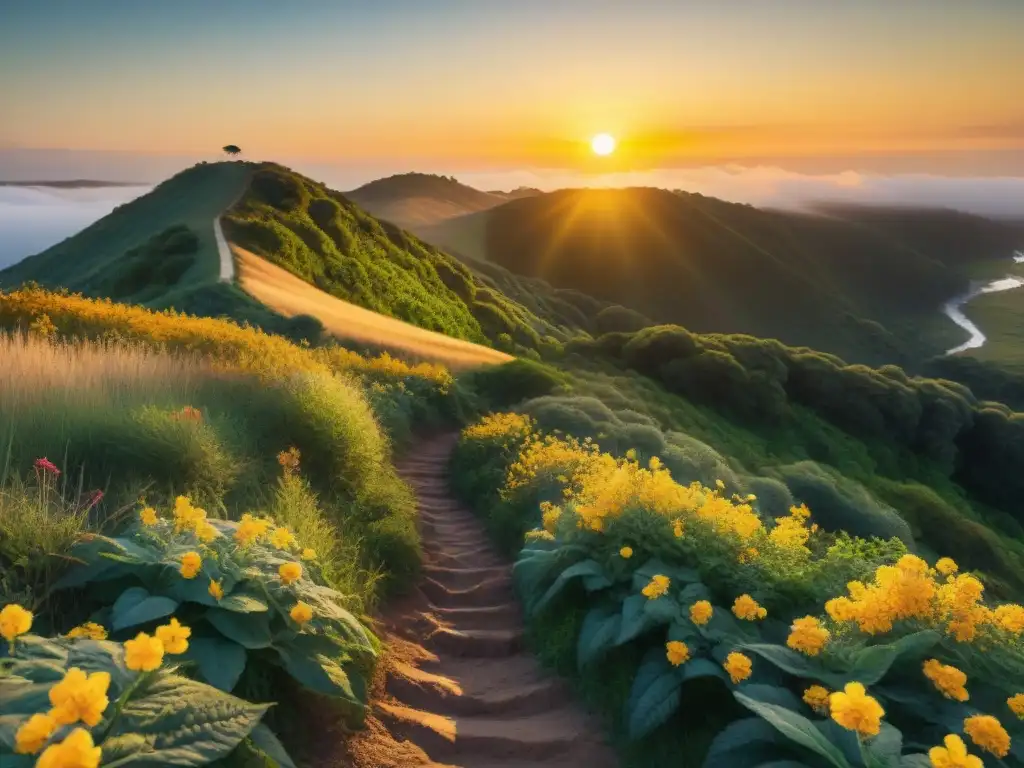 Atardecer mágico en sendero oculto de Uruguay Sendero oculto en Uruguay al atardecer, un paraíso sereno y mágico para acampar