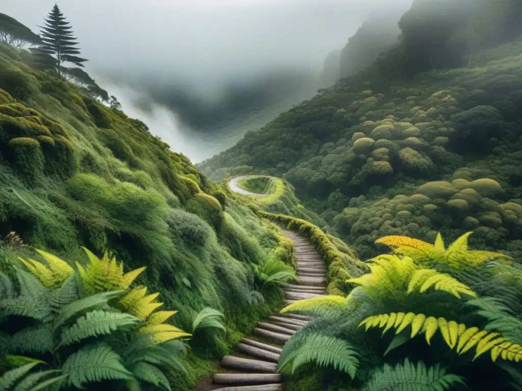 Sendero misterioso en Uruguay: belleza salvaje y aventura Un sendero oculto en Uruguay: bosque denso, musgo, flores silvestres y montañas envueltas en neblina