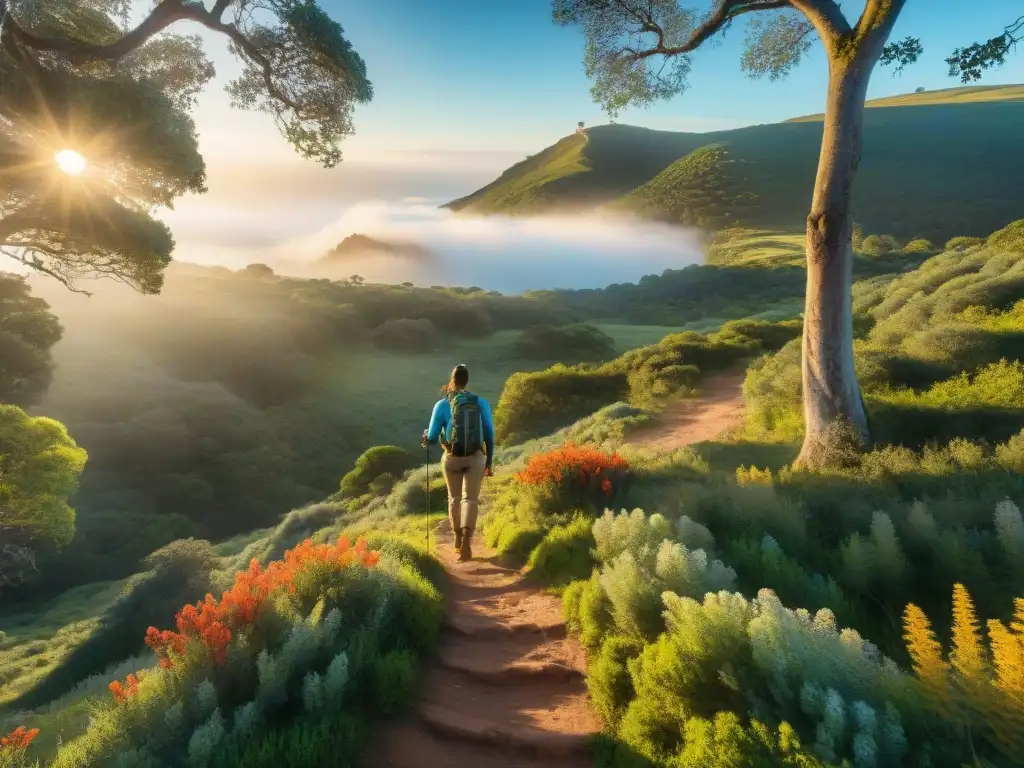 Senderismo sereno en Uruguay: energía recargada con snacks naturales Un sendero sereno en Uruguay entre vegetación exuberante con un excursionista disfrutando de snacks deshidratados para caminatas largas