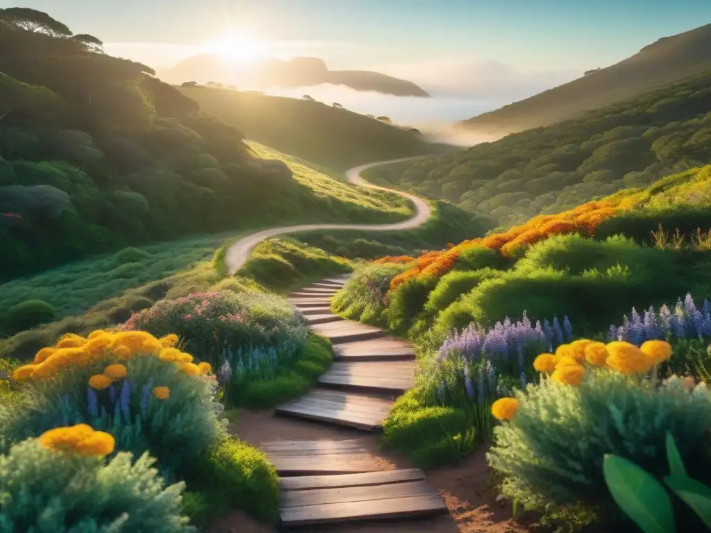 Senderos Ocultos: Aventura en Uruguay Un sendero serpenteante en bosques ocultos de Uruguay, iluminado por el sol entre árboles cubiertos de musgo y flores silvestres