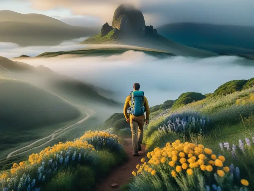 Senderismo épico en Uruguay: exploración y naturaleza Un sendero serpenteante rodeado de exuberante vegetación en Uruguay, con un solitario excursionista y mochilas técnicas ultraligeras para camping