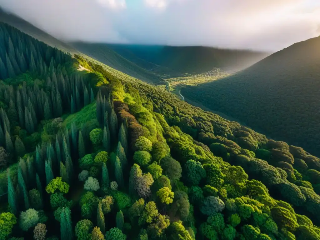 Senderismo entre montañas: aventura en Uruguay Sendero sinuoso en bosque verde de Uruguay, hikers coloridos bajo sol de tarde