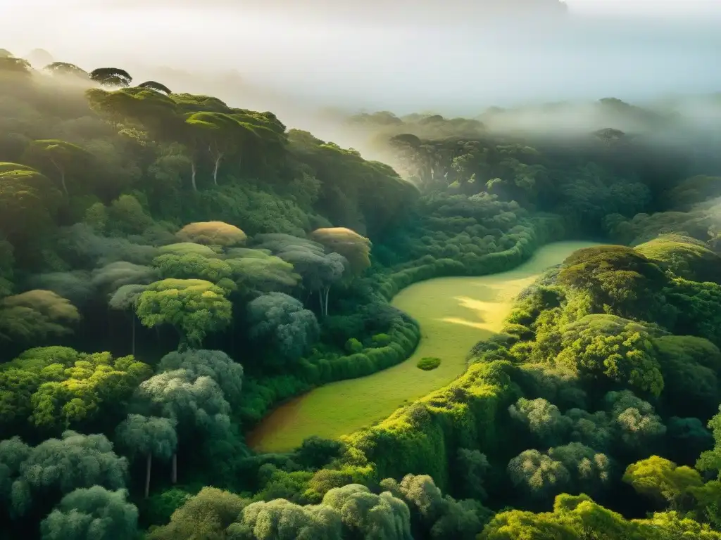 Sendero oculto en bosque exuberante de Uruguay Senderos ocultos en un bosque exuberante de Uruguay, con un río misterioso al fondo