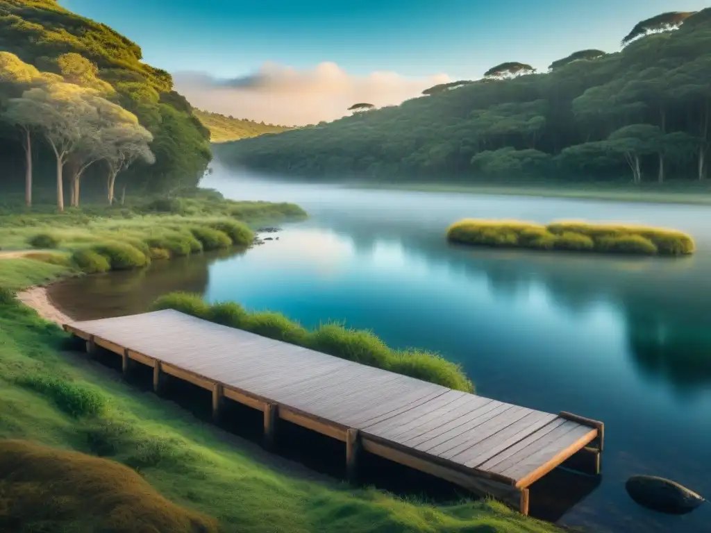 Rincón secreto: camping en Uruguay Senderos ocultos camping Uruguay: Escena serena de un camping escondido en Uruguay, con un río tranquilo y vegetación exuberante