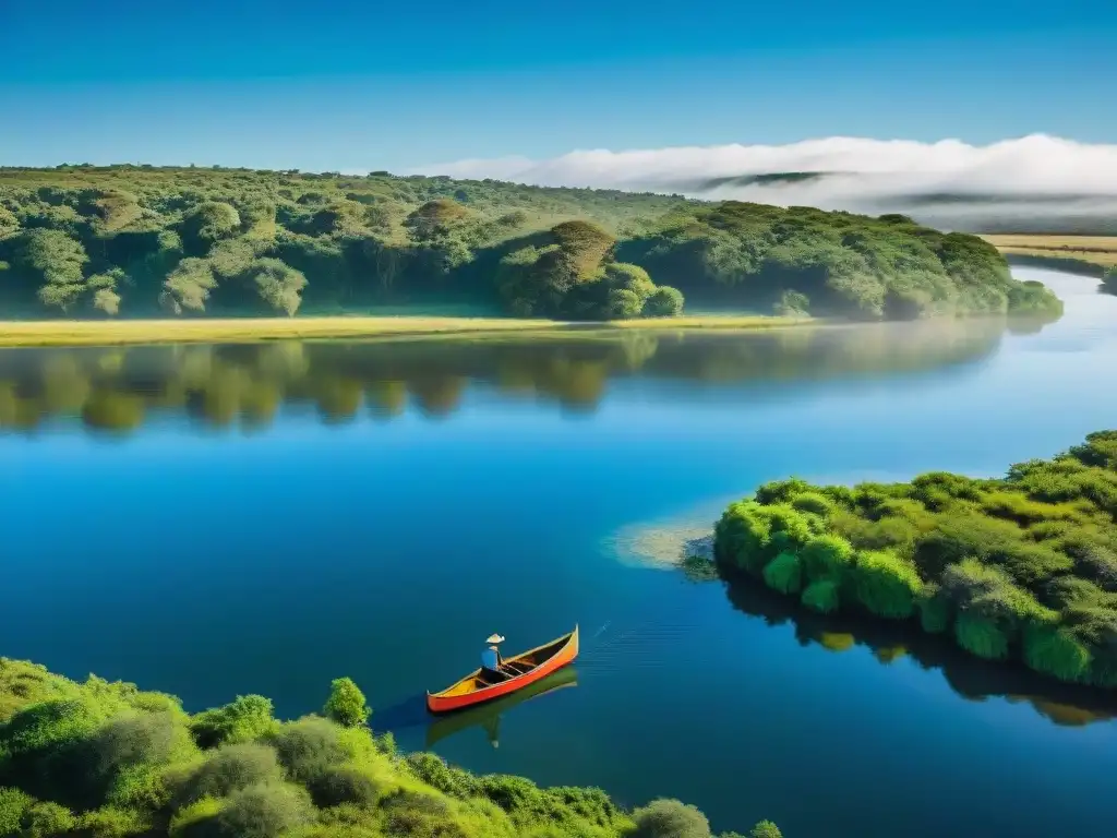 Río sereno en Uruguay: naturaleza en armonía Explora la serenidad de un río en Uruguay, reflejando la exuberante vegetación bajo un cielo azul